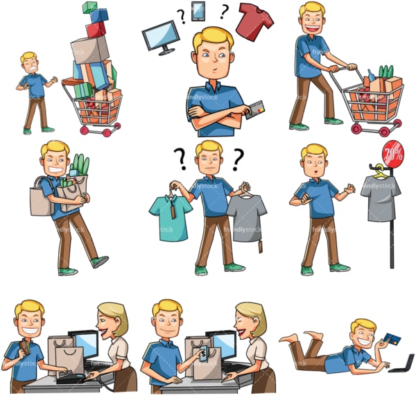 Cartoon caucasian men shopping. PNG - JPG and vector EPS file formats (infinitely scalable). Images isolated on transparent background.