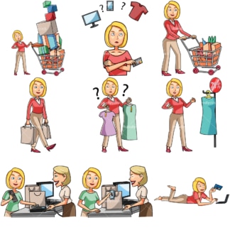 Cartoon caucasian women shopping bundle. PNG - JPG and vector EPS file formats (infinitely scalable). Images isolated on transparent background.