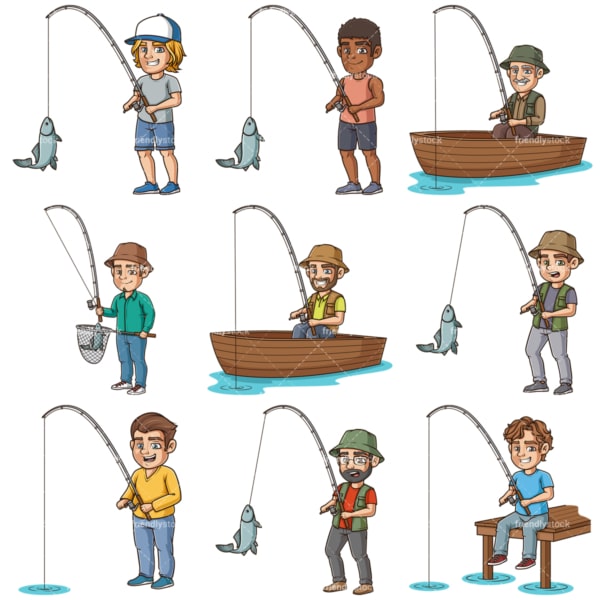 Cartoon men fishing. PNG - JPG and infinitely scalable vector EPS - on white or transparent background.