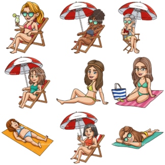 Cartoon women sunbathing. PNG - JPG and infinitely scalable vector EPS - on white or transparent background.
