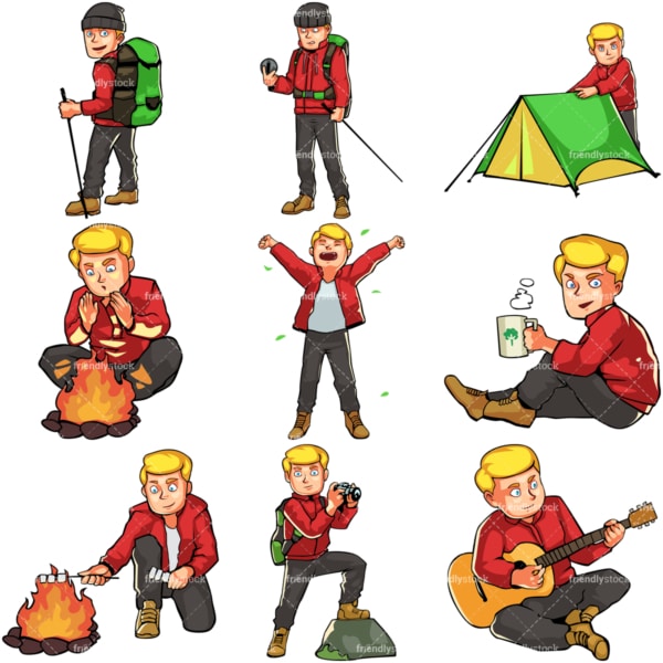 Caucasian male camping and hiking. PNG - JPG and vector EPS file formats (infinitely scalable). Images isolated on transparent background.