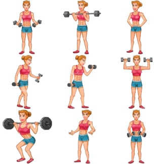 Muscle woman cartoon character collection. PNG - JPG and infinitely scalable vector EPS - on white or transparent background.