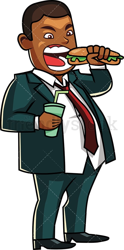 Black businessman eating greedily. PNG - JPG and vector EPS file formats (infinitely scalable). Image isolated on transparent background.