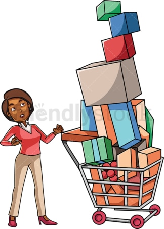 Black woman with overfull shopping cart. PNG - JPG and vector EPS file formats (infinitely scalable). Image isolated on transparent background.