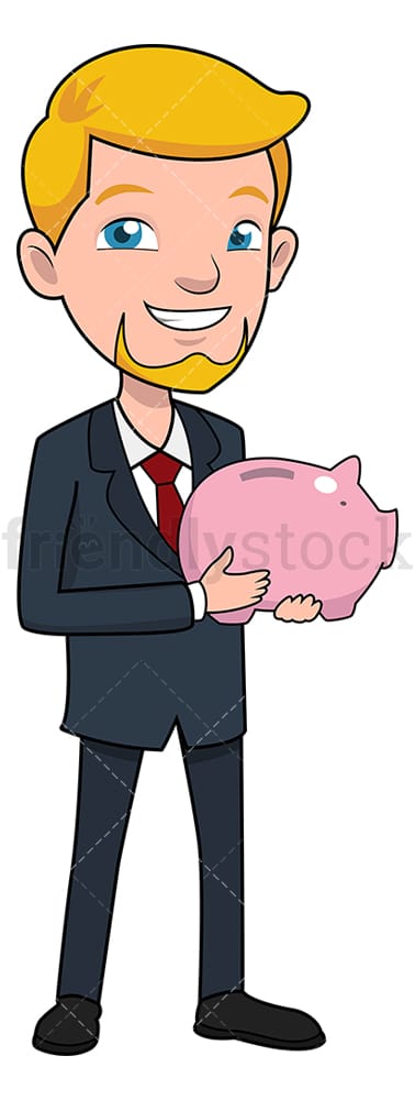 Smiling businessman holding piggy bank. PNG - JPG and vector EPS file formats (infinitely scalable). Image isolated on transparent background.