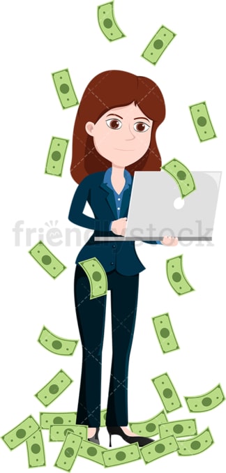 Woman working away on her laptop amidst money rain. PNG - JPG and vector EPS file formats (infinitely scalable). Image isolated on transparent background.