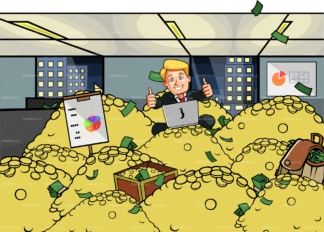 Corporate man in pile of gold. PNG - JPG and vector EPS file formats (infinitely scalable). Image isolated on transparent background.