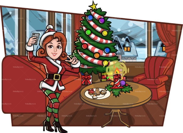 Cute woman taking selfie at christmas. PNG - JPG and vector EPS file formats (infinitely scalable). Image isolated on transparent background.