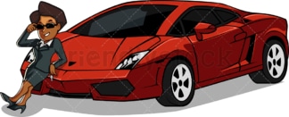 Wealthy black woman showing off supercar. PNG - JPG and vector EPS file formats (infinitely scalable). Image isolated on transparent background.
