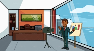 Black businessman recording a video at the office. PNG - JPG and vector EPS file formats (infinitely scalable). Image isolated on transparent background.