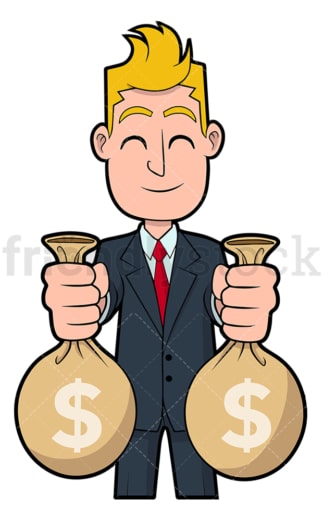 Ecstatic businessman holding money bags. PNG - JPG and vector EPS file formats (infinitely scalable). Image isolated on transparent background.