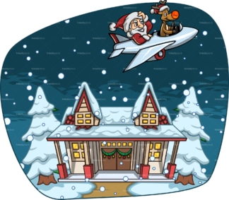 Santa & rudolph flying away from a house. PNG - JPG and vector EPS file formats (infinitely scalable). Image isolated on transparent background.