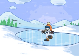 Snowman slipping on ice while crossing a frozen lake. PNG - JPG and vector EPS file formats (infinitely scalable). Image isolated on transparent background.