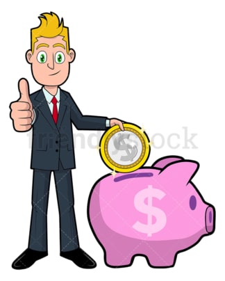 Businessman saving dollar in piggy bank. PNG - JPG and vector EPS file formats (infinitely scalable). Image isolated on transparent background.