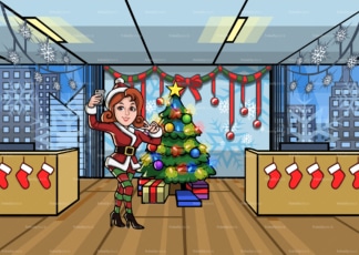 Woman taking selfie near christmas tree at the office. PNG - JPG and vector EPS file formats (infinitely scalable). Image isolated on transparent background.