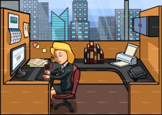 Bored woman at her cubicle working 9 to 5. PNG - JPG and vector EPS file formats (infinitely scalable). Image isolated on transparent background.