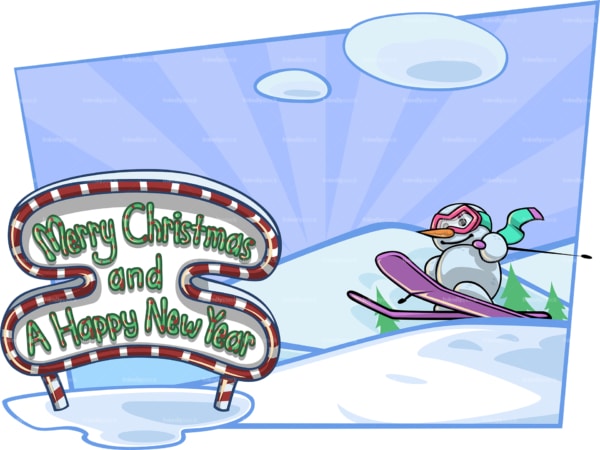 Christmas poster featuring snowman skier. PNG - JPG and vector EPS file formats (infinitely scalable). Image isolated on transparent background.