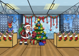 Santa leaving present under christmas tree at office. PNG - JPG and vector EPS file formats (infinitely scalable). Image isolated on transparent background.
