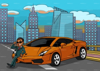 Rich black man leaning on car in a city highway. PNG - JPG and vector EPS file formats (infinitely scalable). Image isolated on transparent background.