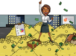 Black business woman standing on pile of gold. PNG - JPG and vector EPS file formats (infinitely scalable). Image isolated on transparent background.