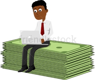 Black man atop large sum of money working on laptop. PNG - JPG and vector EPS file formats (infinitely scalable). Image isolated on transparent background.