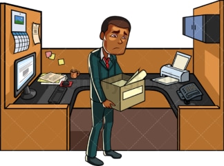 Black man leaving his cubicle after getting fired. PNG - JPG and vector EPS file formats (infinitely scalable). Image isolated on transparent background.