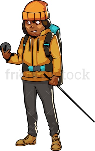 Black woman in hiking gear looking at compass. PNG - JPG and vector EPS file formats (infinitely scalable). Image isolated on transparent background.