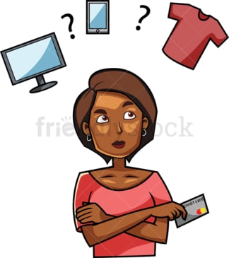 Black woman trying to decide what to buy. PNG - JPG and vector EPS file formats (infinitely scalable). Image isolated on transparent background.
