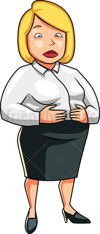 Business woman holding her large belly. PNG - JPG and vector EPS file formats (infinitely scalable). Image isolated on transparent background.
