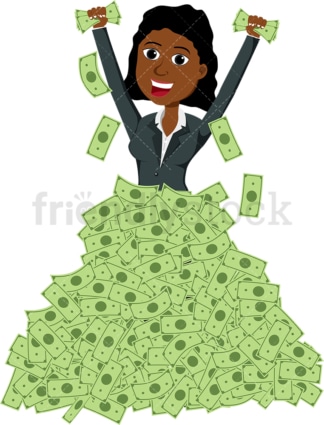 Poised black woman in huge pile of cash. PNG - JPG and vector EPS file formats (infinitely scalable). Image isolated on transparent background.