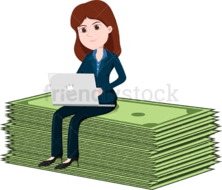 Woman atop enlarged dollar bills working with laptop. PNG - JPG and vector EPS file formats (infinitely scalable). Image isolated on transparent background.