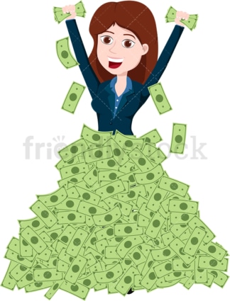 Woman behind huge pile of money. PNG - JPG and vector EPS file formats (infinitely scalable). Image isolated on transparent background.