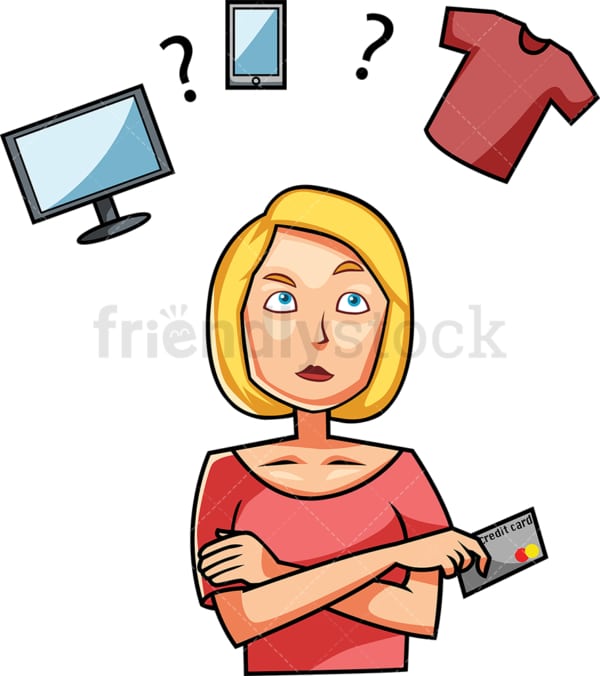 Woman trying to make a buying decision. PNG - JPG and vector EPS file formats (infinitely scalable). Image isolated on transparent background.