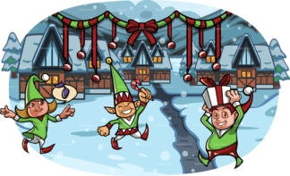 Christmas elves in village covered in snow. PNG - JPG and vector EPS file formats (infinitely scalable). Image isolated on transparent background.