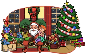 Children on santa's lap in living room. PNG - JPG and vector EPS file formats (infinitely scalable). Image isolated on transparent background.