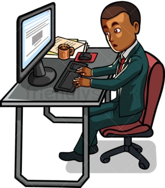 Black male employee working on computer. PNG - JPG and vector EPS file formats (infinitely scalable). Image isolated on transparent background.