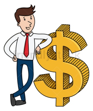 Businessman leaning on big dollar sign. PNG - JPG and vector EPS (infinitely scalable).