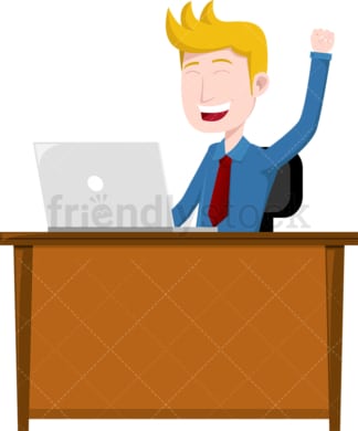 Celebrating man seated behind desk. PNG - JPG and vector EPS file formats (infinitely scalable). Image isolated on transparent background.