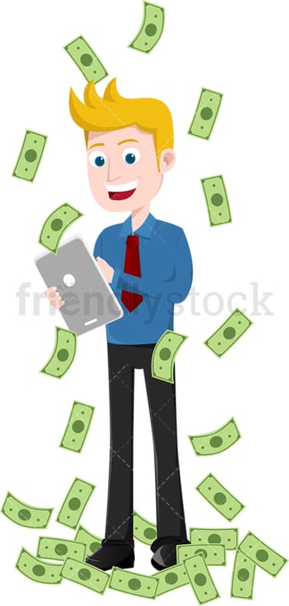 Man using tablet while money rain down all around. PNG - JPG and vector EPS file formats (infinitely scalable). Image isolated on transparent background.