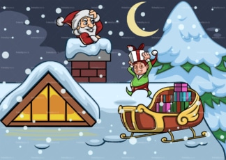 Santa claus and elf atop snowed roof. PNG - JPG and vector EPS file formats (infinitely scalable). Image isolated on transparent background.