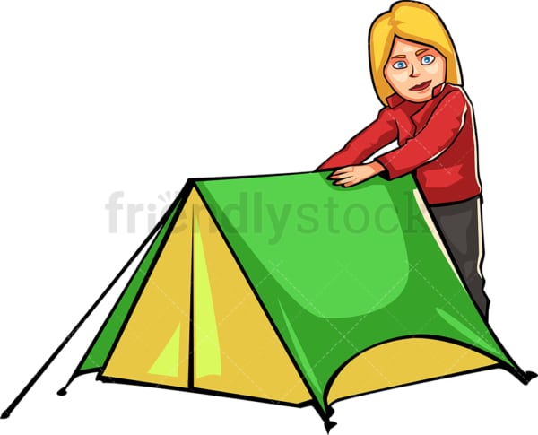 Woman preparing tent while camping outdoors. PNG - JPG and vector EPS file formats (infinitely scalable). Image isolated on transparent background.