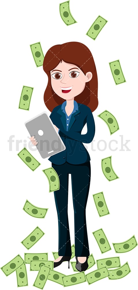 Woman working on her tablet amidst money rain. PNG - JPG and vector EPS file formats (infinitely scalable). Image isolated on transparent background.