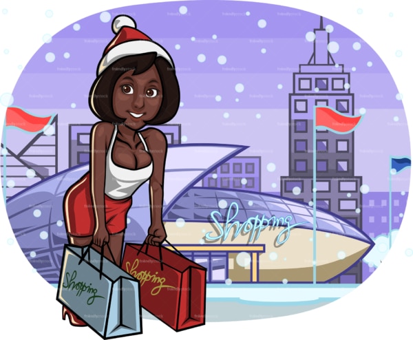 Cute black woman at shopping mall at christmas. PNG - JPG and vector EPS file formats (infinitely scalable). Image isolated on transparent background.