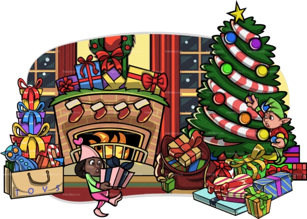 Black elf placing present under christmas tree. PNG - JPG and vector EPS file formats (infinitely scalable). Image isolated on transparent background.