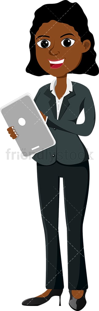 Black businesswoman using modern tablet. PNG - JPG and vector EPS file formats (infinitely scalable). Image isolated on transparent background.