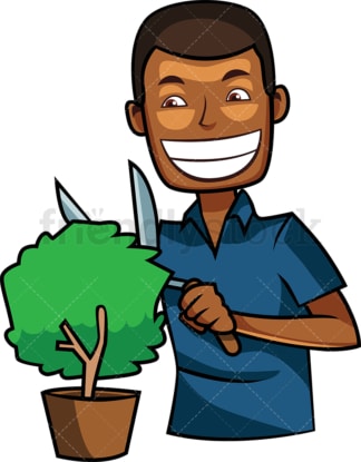 Black man trimming small plant. PNG - JPG and vector EPS file formats (infinitely scalable). Image isolated on transparent background.
