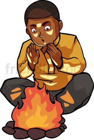 Black man warming his hands by the campfire. PNG - JPG and vector EPS file formats (infinitely scalable). Image isolated on transparent background.