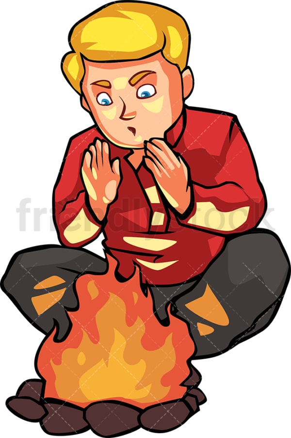 Man warming his hands by the campfire. PNG - JPG and vector EPS file formats (infinitely scalable). Image isolated on transparent background.