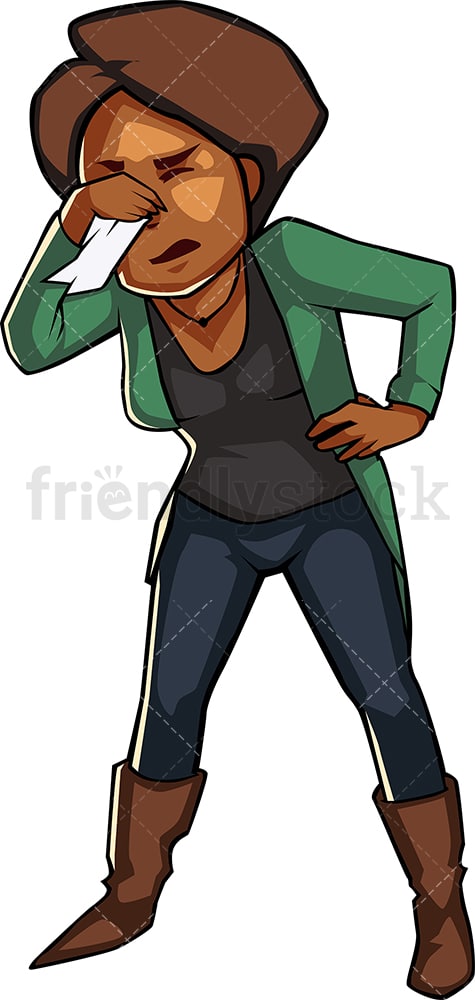 Sick black woman blowing her nose. PNG - JPG and vector EPS file formats (infinitely scalable). Image isolated on transparent background.