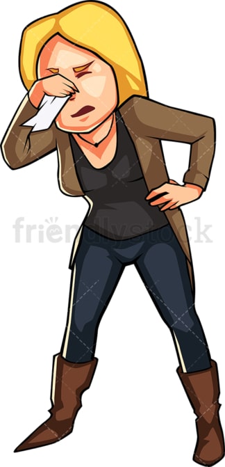 Woman blowing her nose into a tissue. PNG - JPG and vector EPS file formats (infinitely scalable). Image isolated on transparent background.